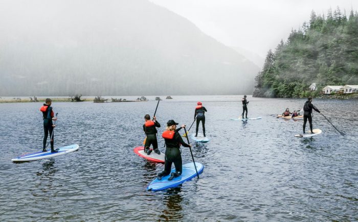 Group of people paddle boarding
